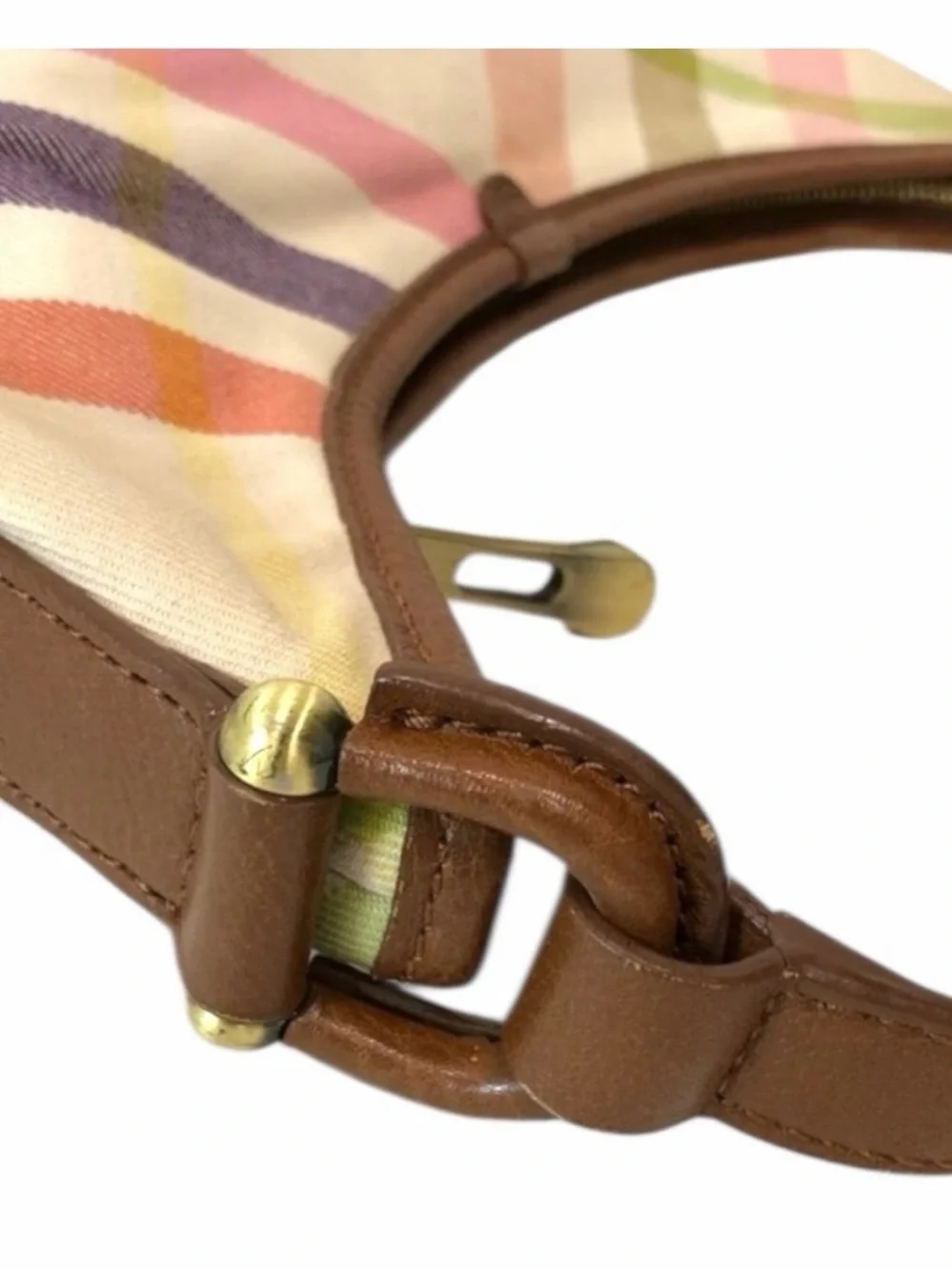 Burberry Pastel Plaid Canvas Shoulder Bag with Brown Leather Trim